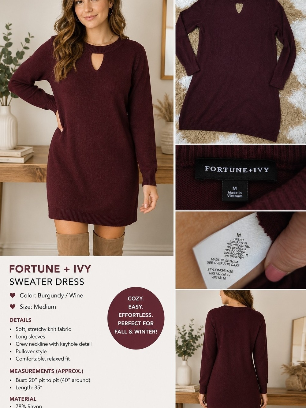 Fortune + Ivy Women's Sweater Dress – Size Medium – Burgundy – Long Sleeve Knit
